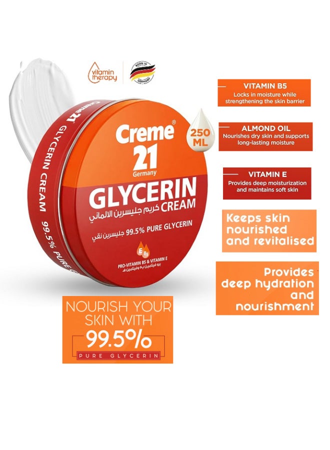 Creme21 Creme 21 Glycerin Cream - 250ml | 99.5% Pure Glycerin Skin Softener | Instant Relief for Severely Dry & Chapped Skin | Enriched with Vitamin E & Pro- B5 | Dermatologically Tested & Born in Germany - Image 1
